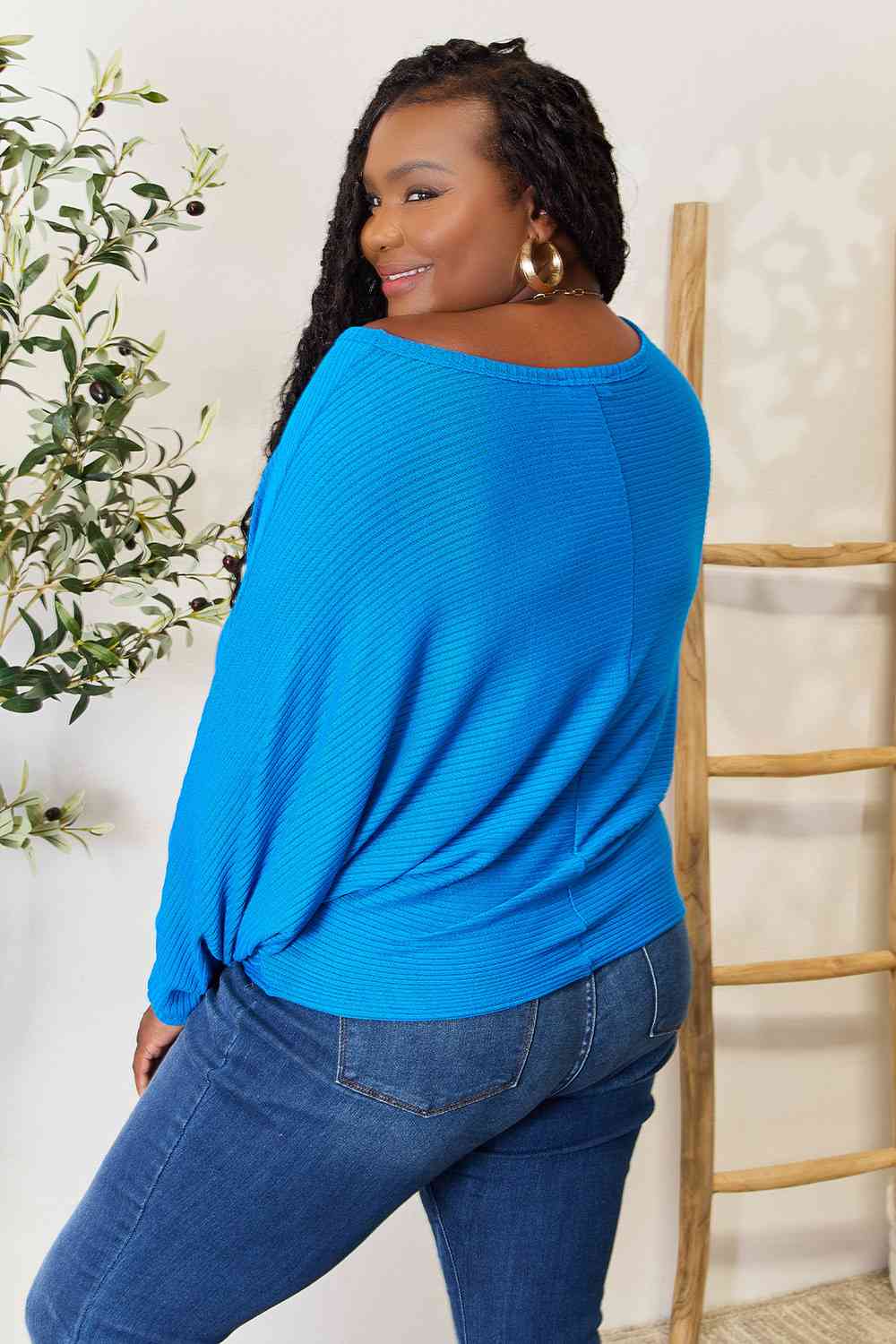 Zenana Fall Vibin' Batwing Sleeve Blouse in Cobalt Blue