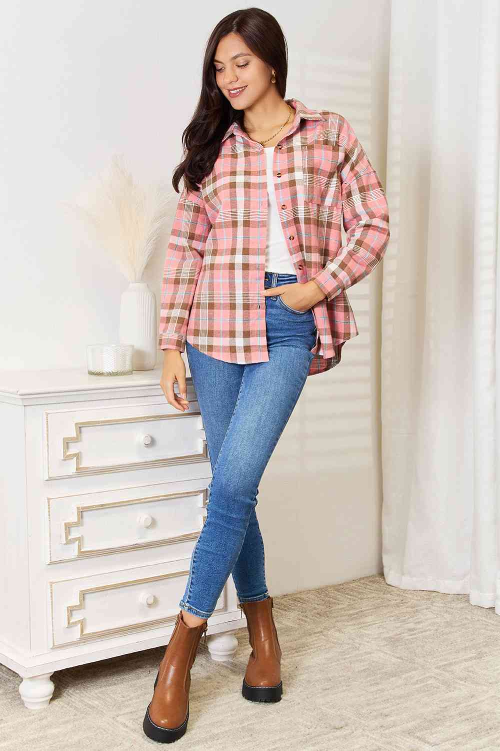Double Take Peachy In Plaid Collared Neck Long Sleeve Button-Up Shirt