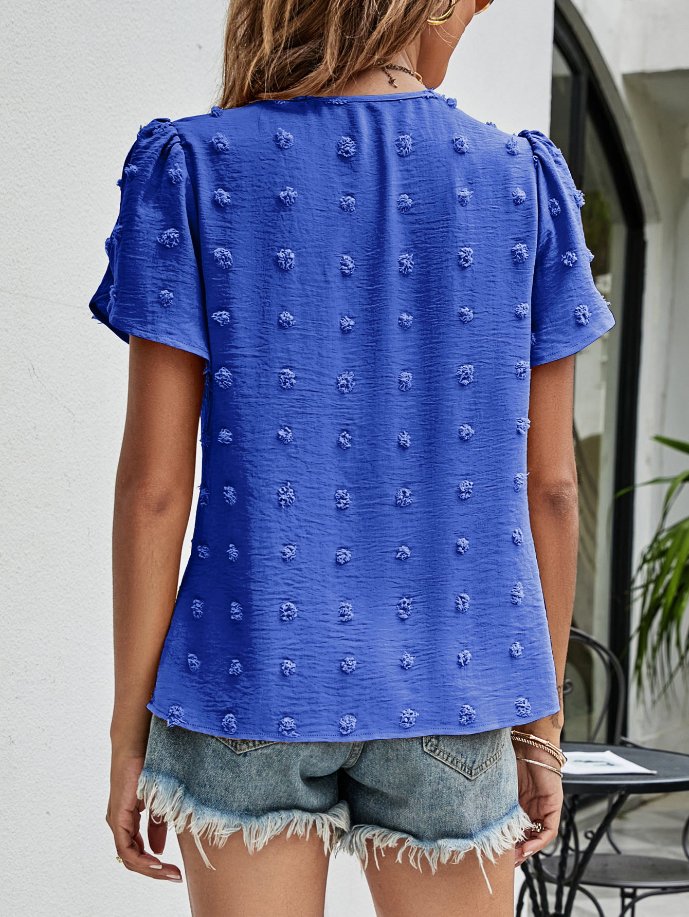 Wildly Bloom Swiss Dot Round Neck Petal Sleeve Top