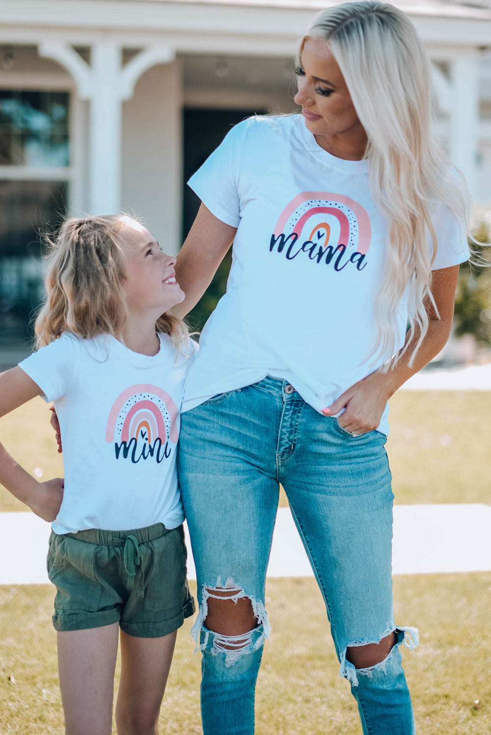 Mama's Mini Rainbow Round Neck Girls Graphic Tee Shirt