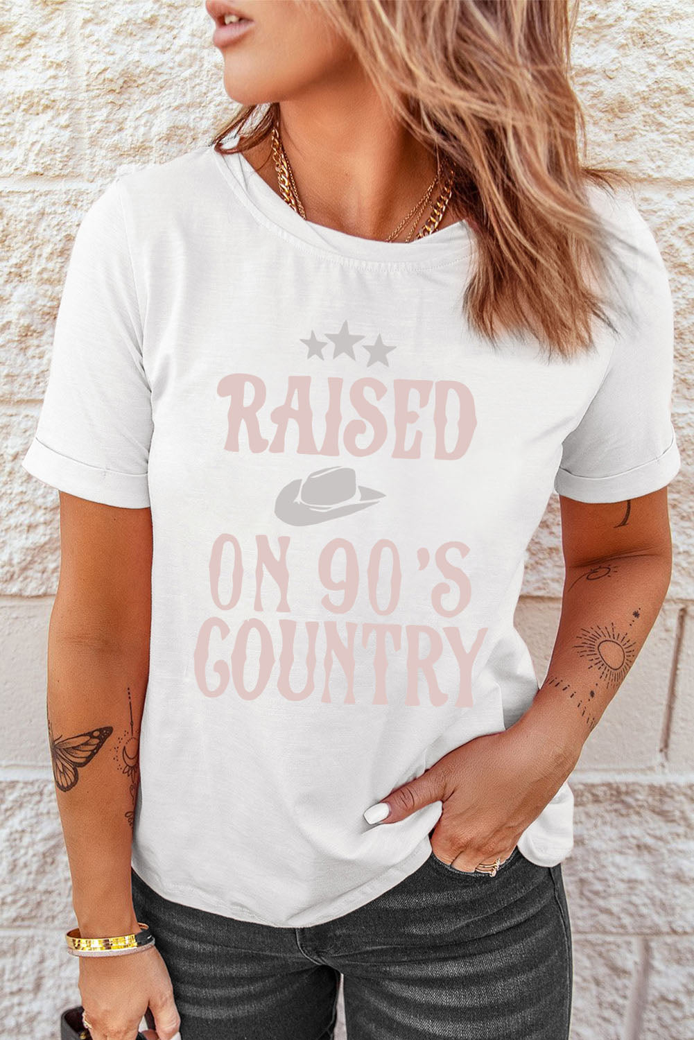 Raised on 90's Country Graphic Tee with Cuffed Sleeves