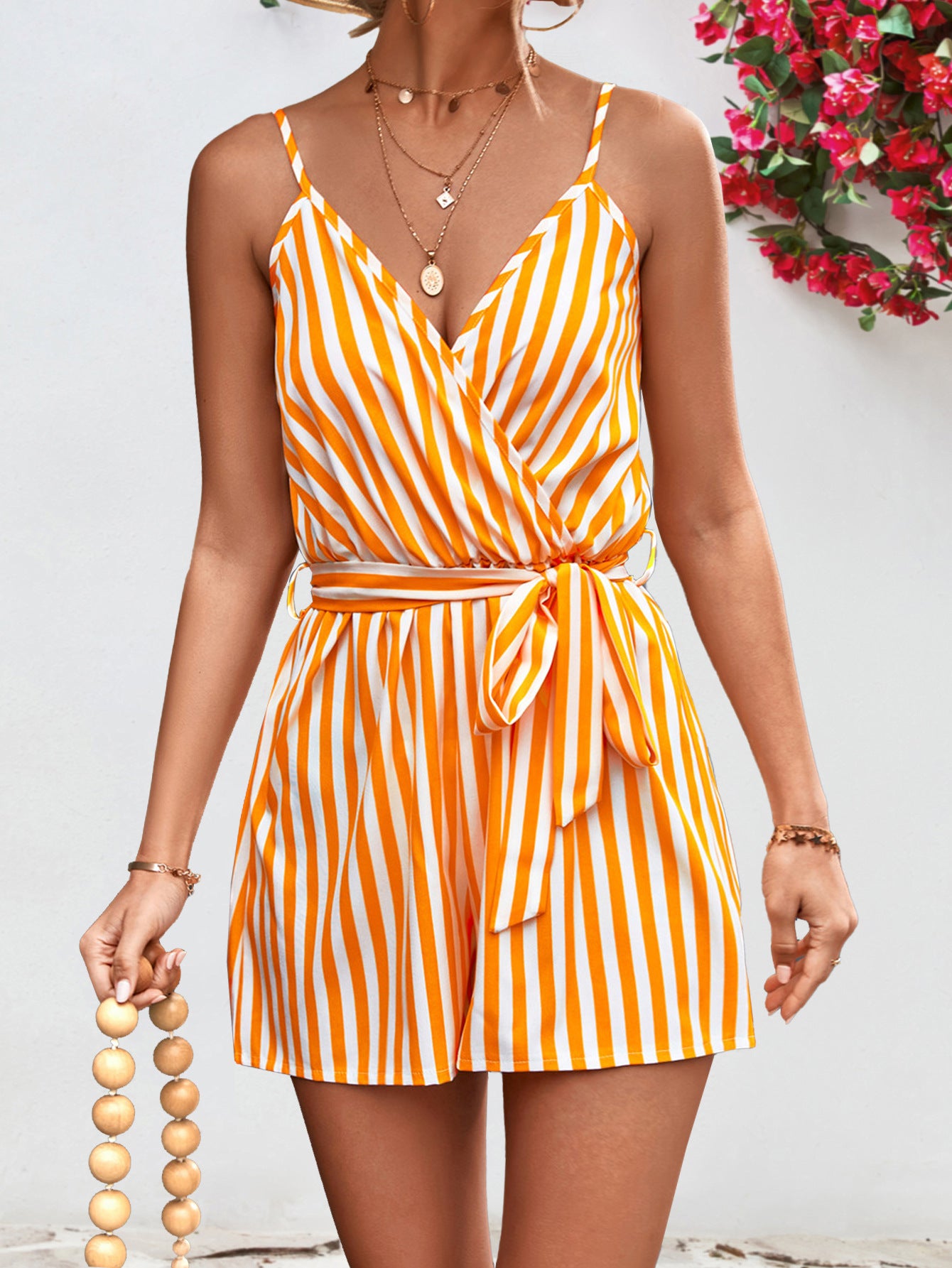 Waves of Color Striped Tie Waist Spaghetti Strap Romper