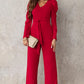 Wife Mom Boss Belted Long Puff Sleeve V-Neck Jumpsuit