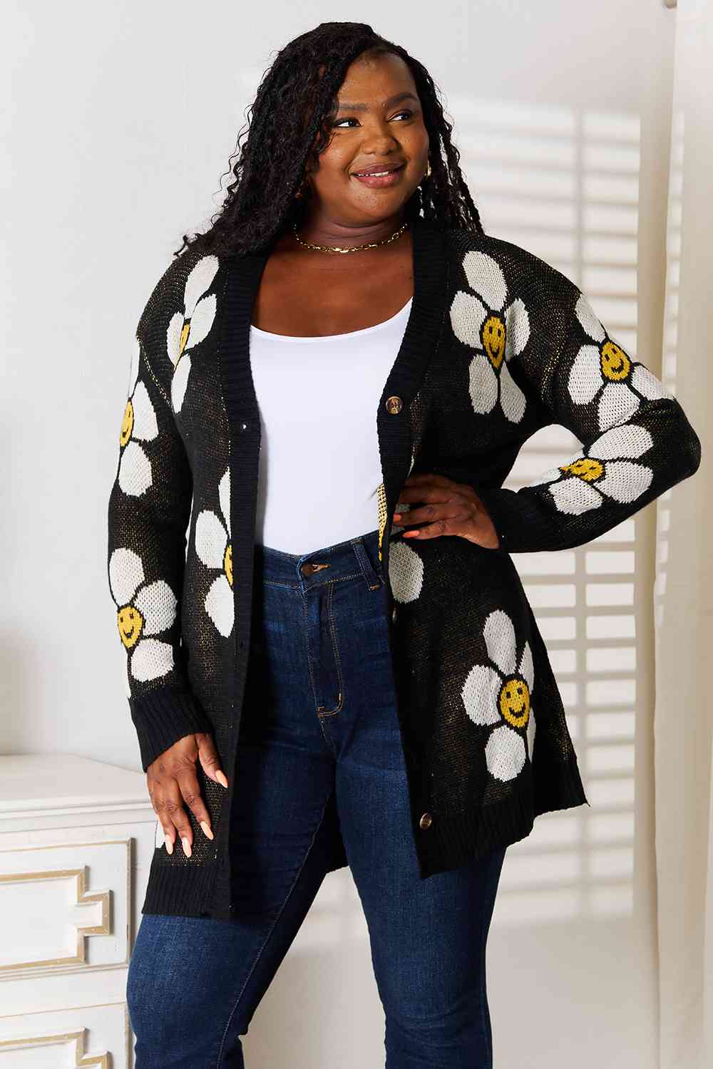 Double Take Sunshine Blossoms Floral Button Down Longline Cardigan