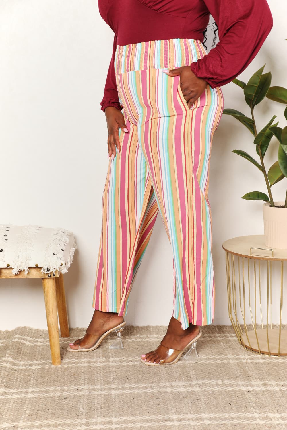 Double Take Keep Smiling Striped Smocked Waist Pants with Pockets