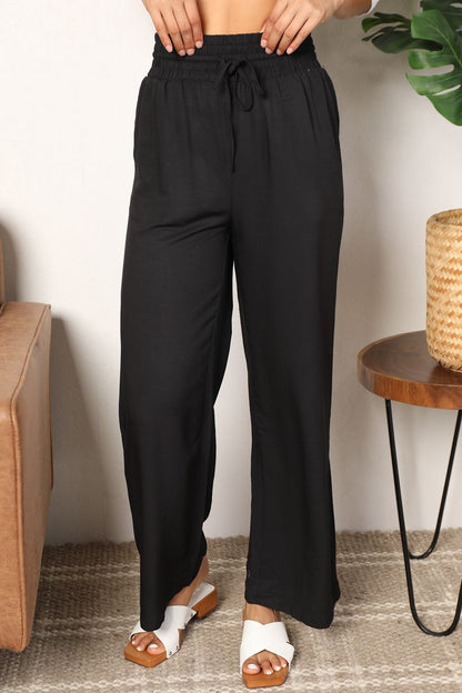 Double Take Going With The Flow Drawstring Smocked Waist Wide Leg Pants