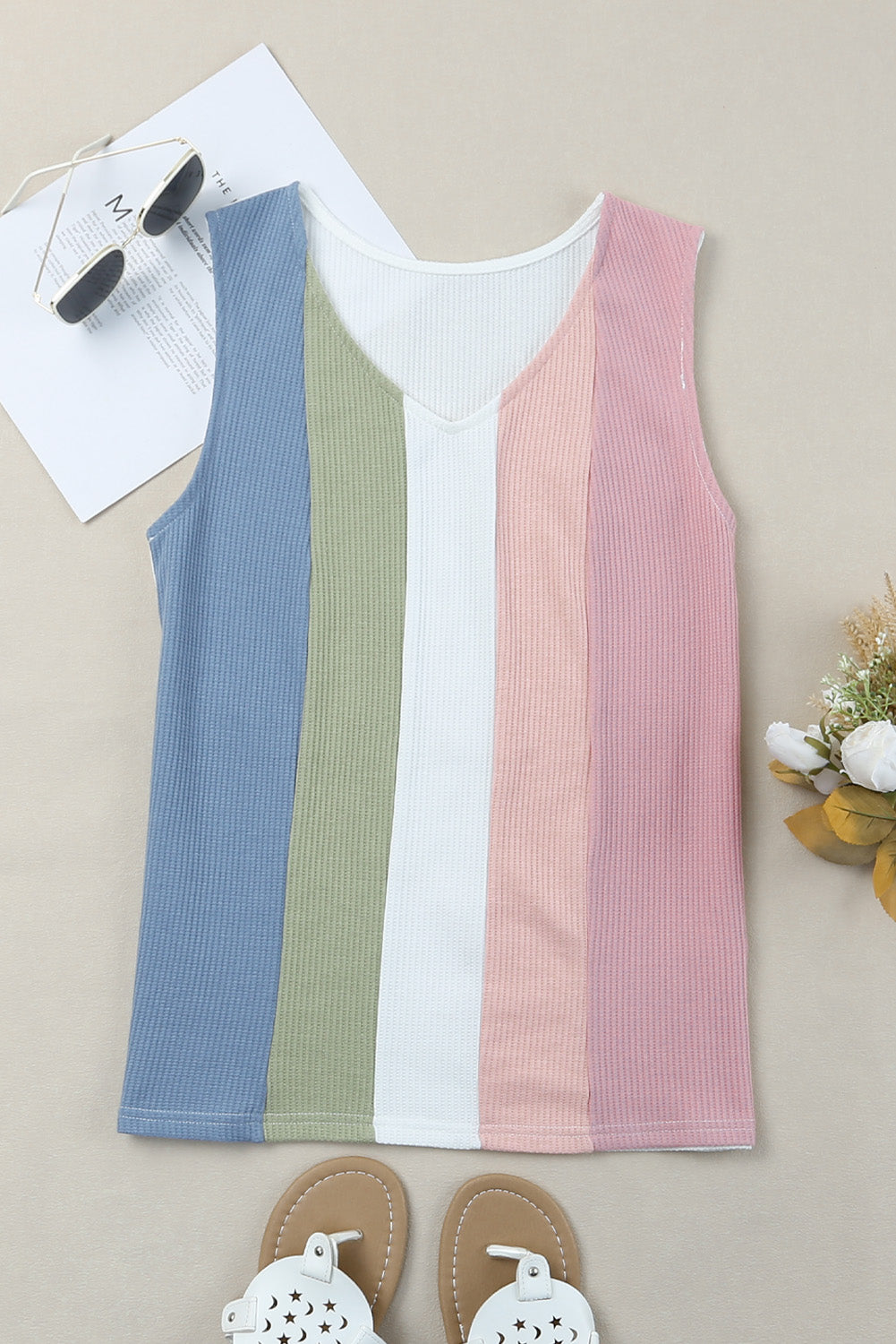 In Sync Multicolored Striped Waffle-Knit Sleeveless Tank