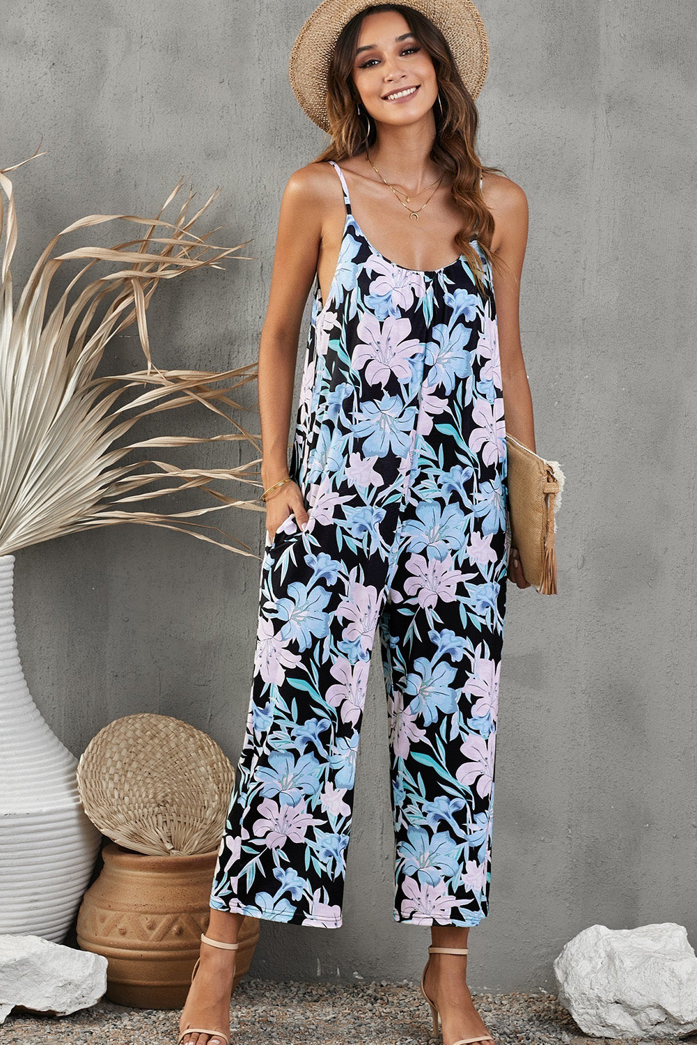 Vacation Mode On Botanical Print Spaghetti Strap Cropped Jumpsuit