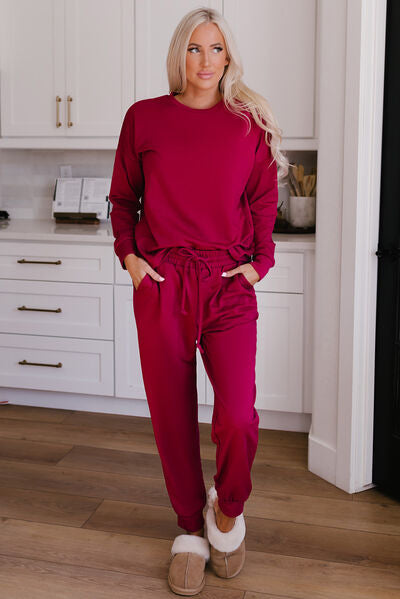 You + Me Round Neck Top and Drawstring Pants Lounge Set