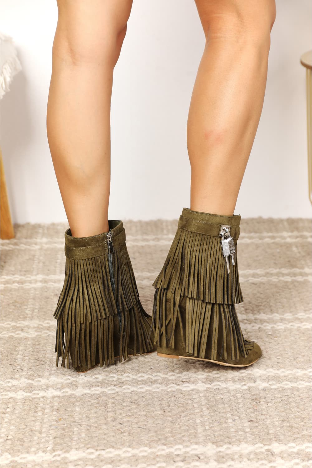 Legend Tassel Wedge Heel Ankle Booties in Olive