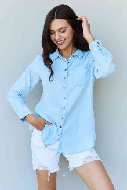 Doublju Blue Jean Baby Denim Button Down Shirt in Light Blue