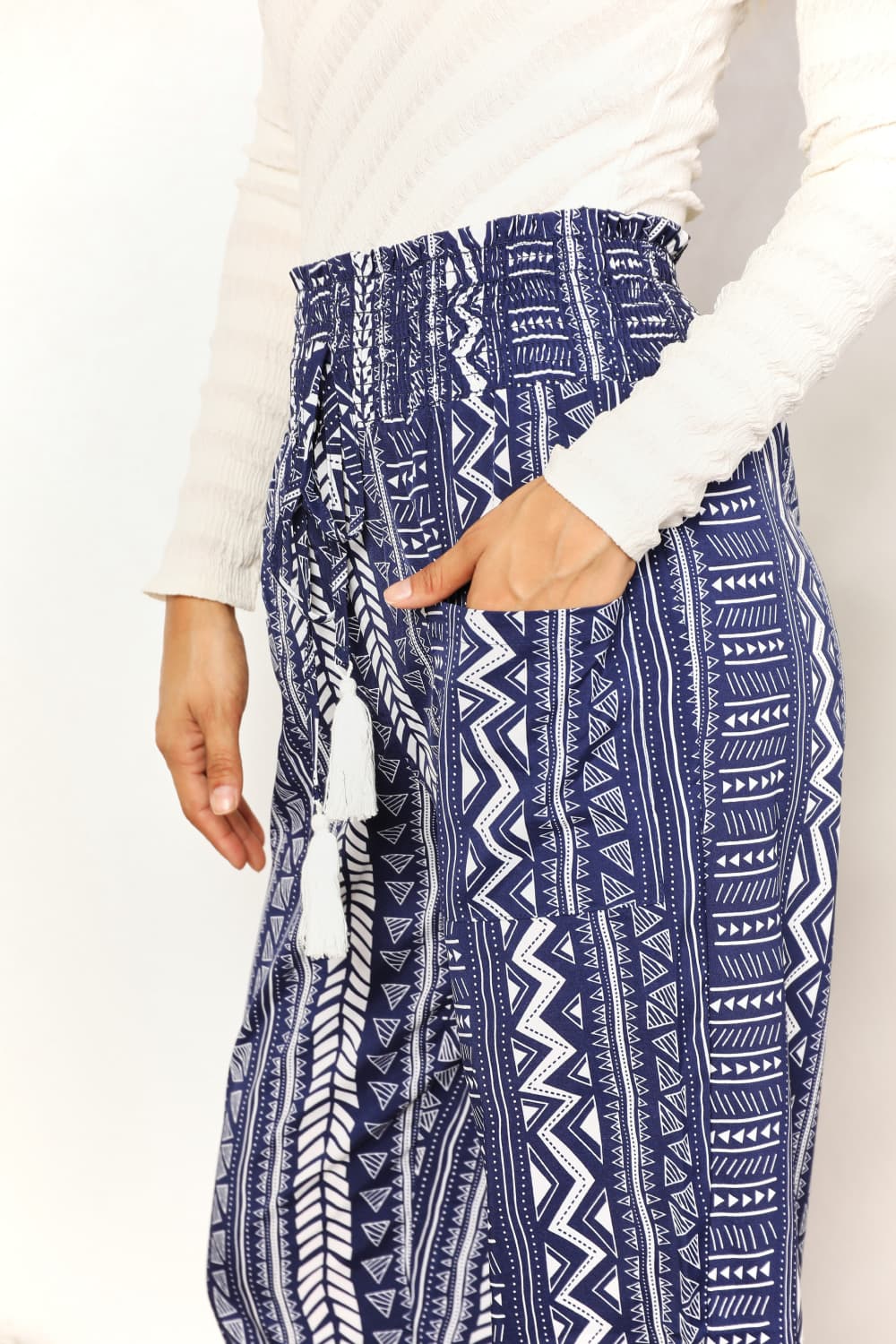 Double Take Dancing Away Geometric Print Tassel High-Rise Pants