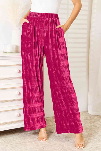 Double Take Rose Velvet High Waist Tiered Shirring Velvet Wide Leg Pants