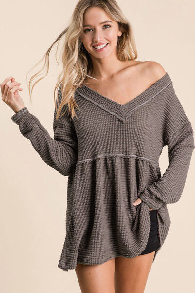 BiBi A Love Like No Other Waffle Knit V-Neck Babydoll Blouse