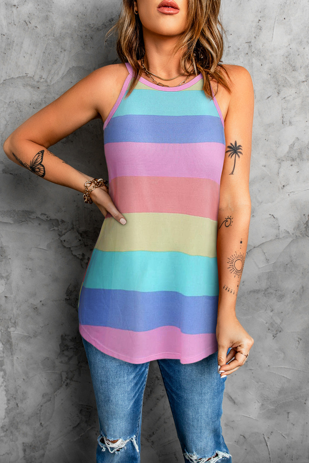 Touch The Sky Striped Curved Hem Tank Top