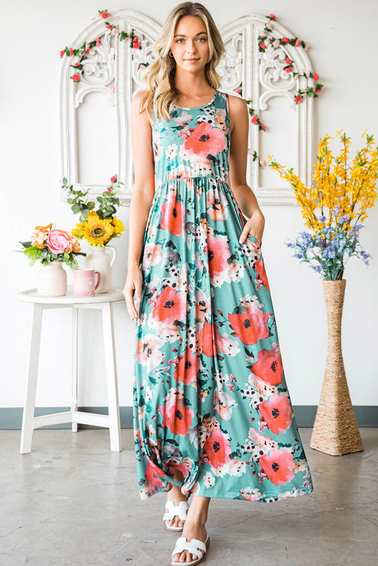 Mint To Be Floral Sleeveless Maxi Dress with Pockets