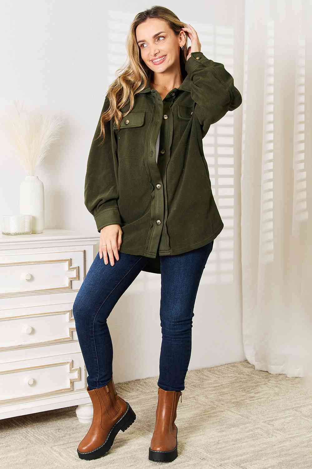 Heimish Cozy Girl Button Down Shacket in Army Green