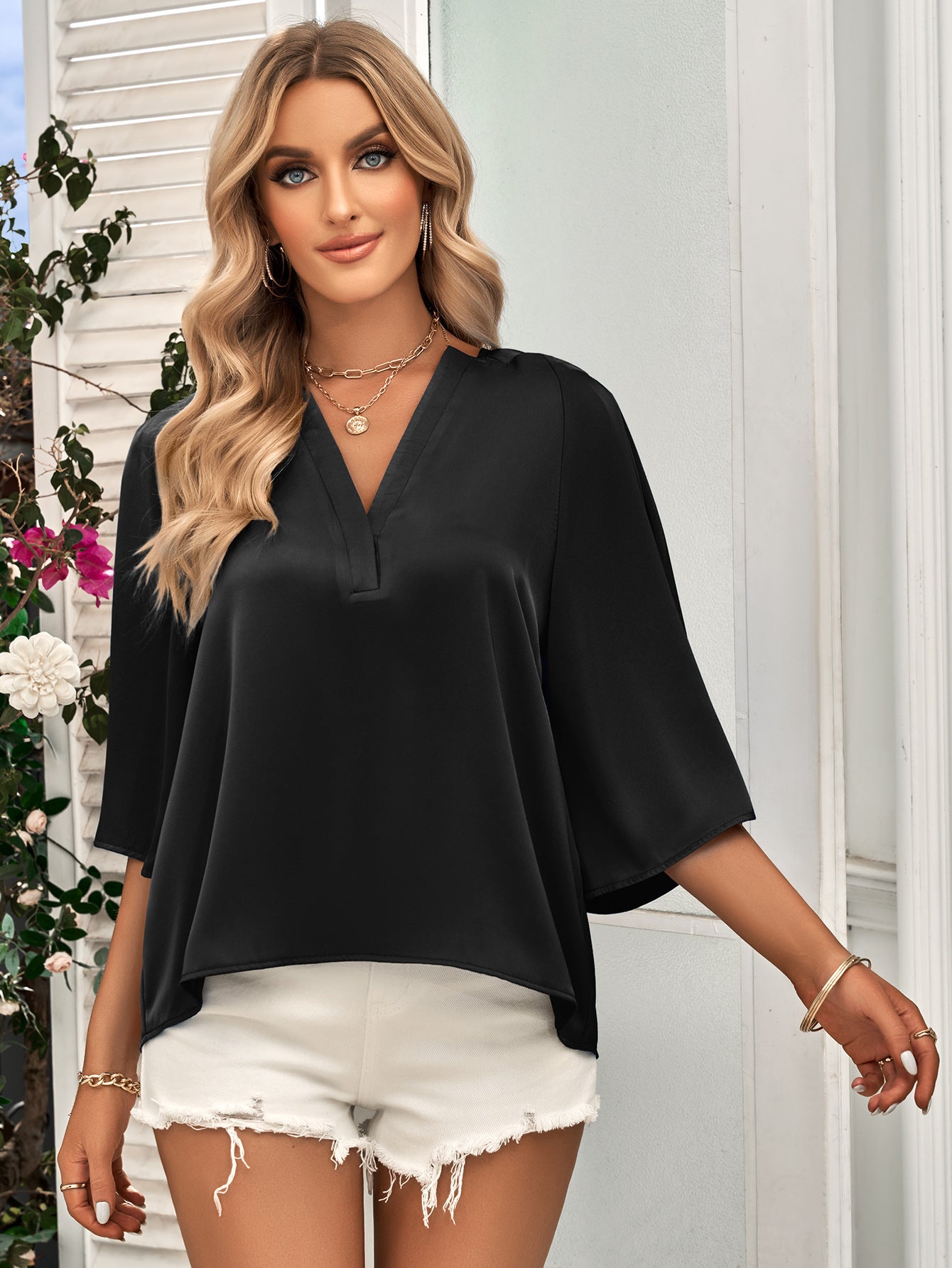 It's An Office Party Three-Quarter Flare Sleeve V-Neck Blouse