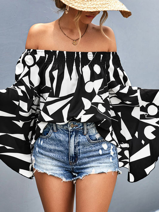 Take Me Dancing Printed Off-Shoulder Bell Sleeve Blouse