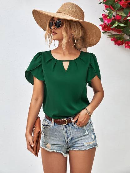 Meet Me Under The Shade Cutout Round Neck Petal Sleeve Blouse