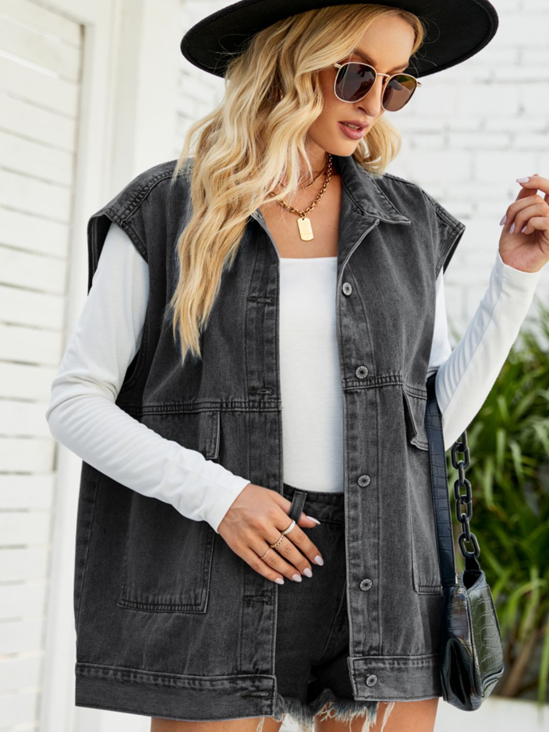 The Freakin' Weekend Collared Neck Sleeveless Denim Top with Pockets