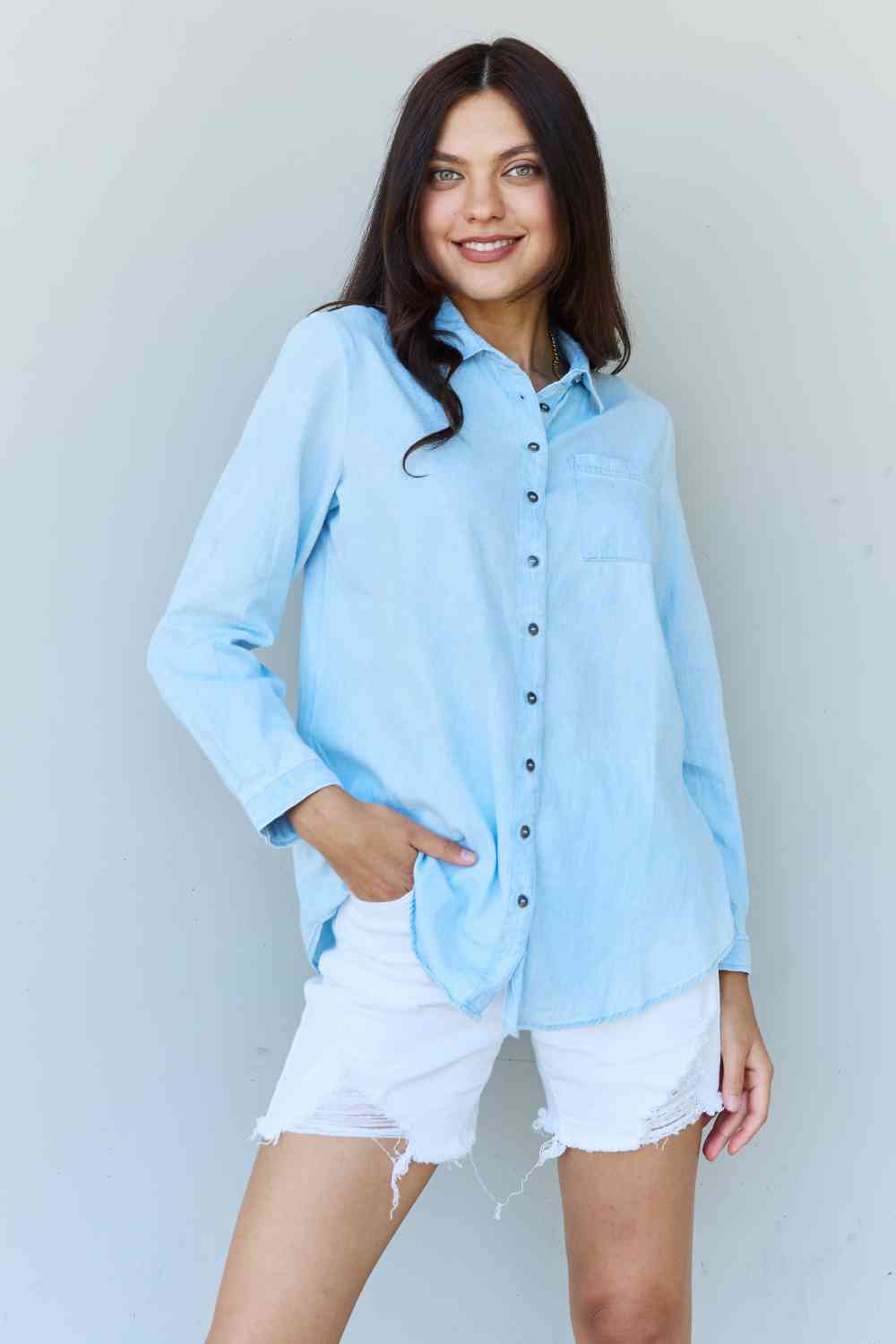 Doublju Blue Jean Baby Denim Button Down Shirt in Light Blue