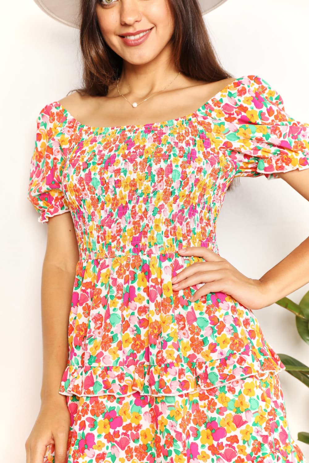 Double Take Playful Beauty Smocked Sweetheart Neck Flounce Sleeve Mini Dress