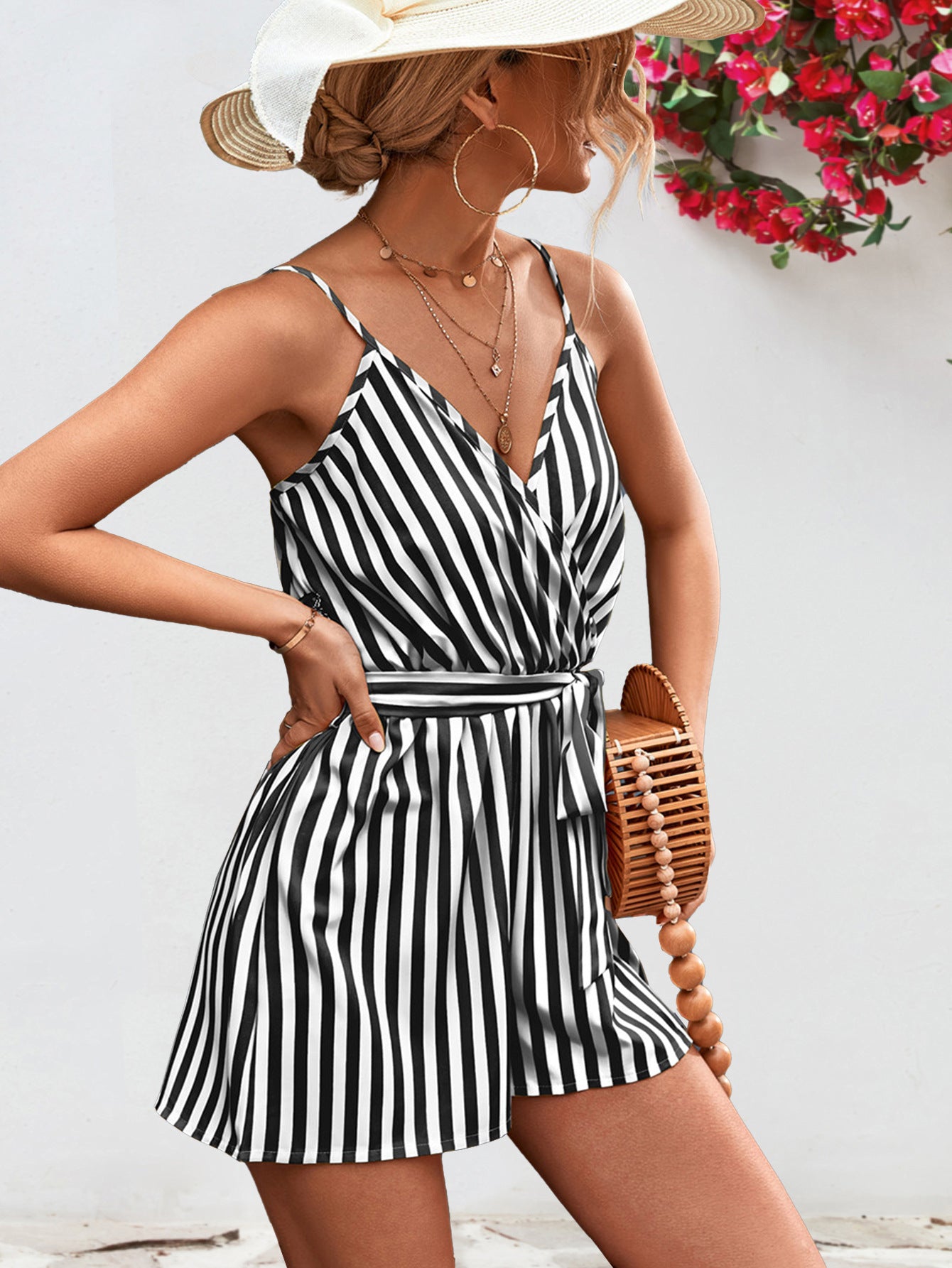 Waves of Color Striped Tie Waist Spaghetti Strap Romper