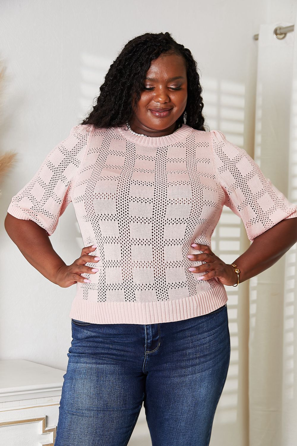 Double Take 'Til I Walk In Ribbed Trim Round Neck Knit Top