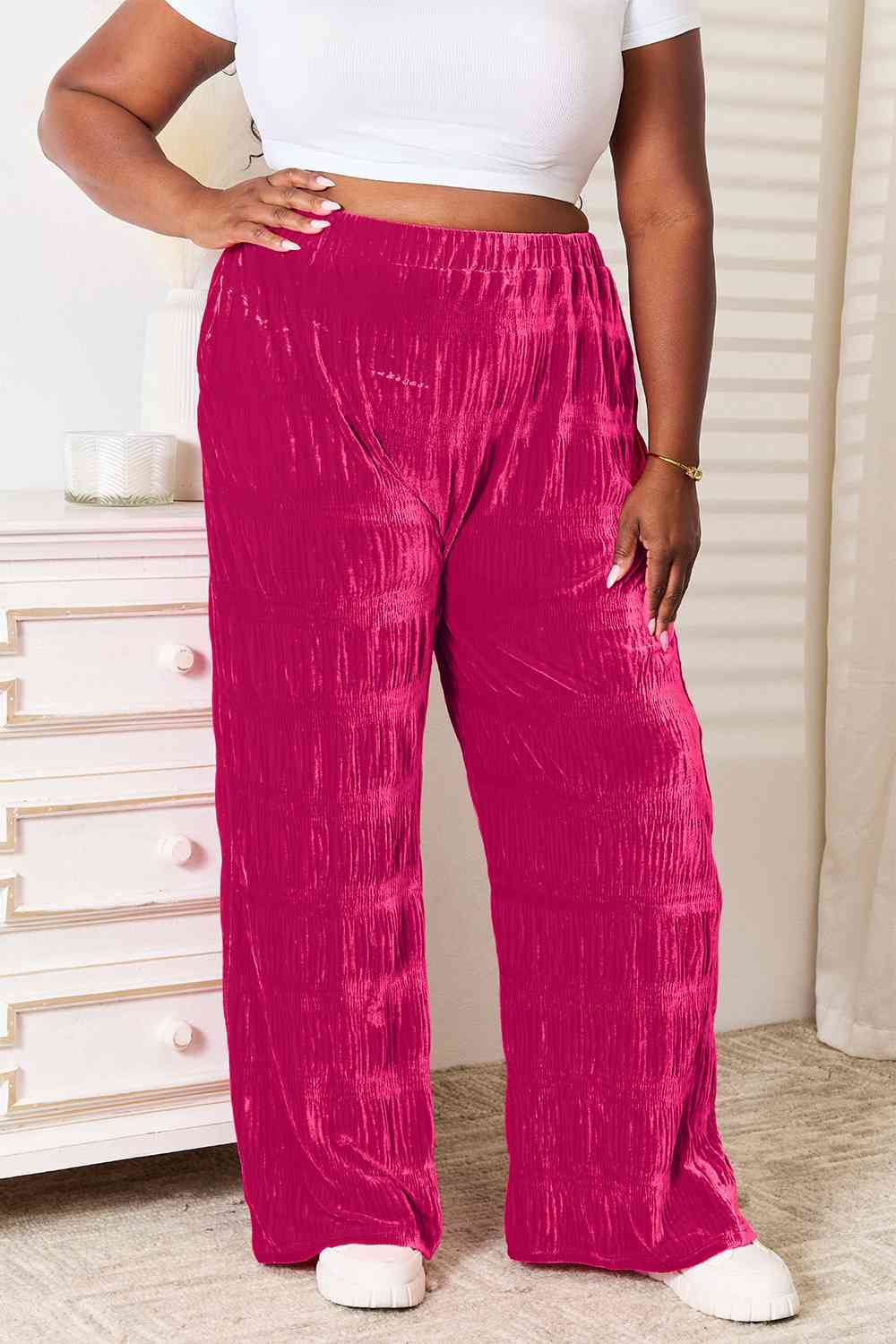 Double Take Rose Velvet High Waist Tiered Shirring Velvet Wide Leg Pants