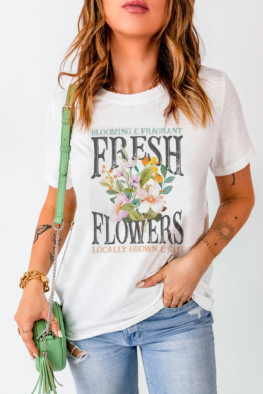 FRESH FLOWERS Round Neck Graphic Print Tee