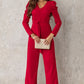 Wife Mom Boss Belted Long Puff Sleeve V-Neck Jumpsuit