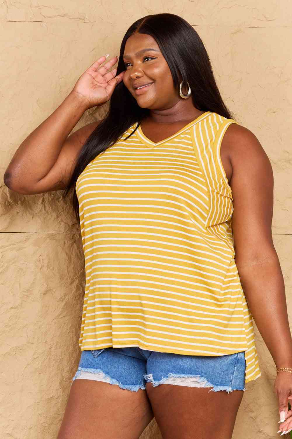 Doublju Talk To Me Striped Sleeveless V-Neck Top in Yellow Gold