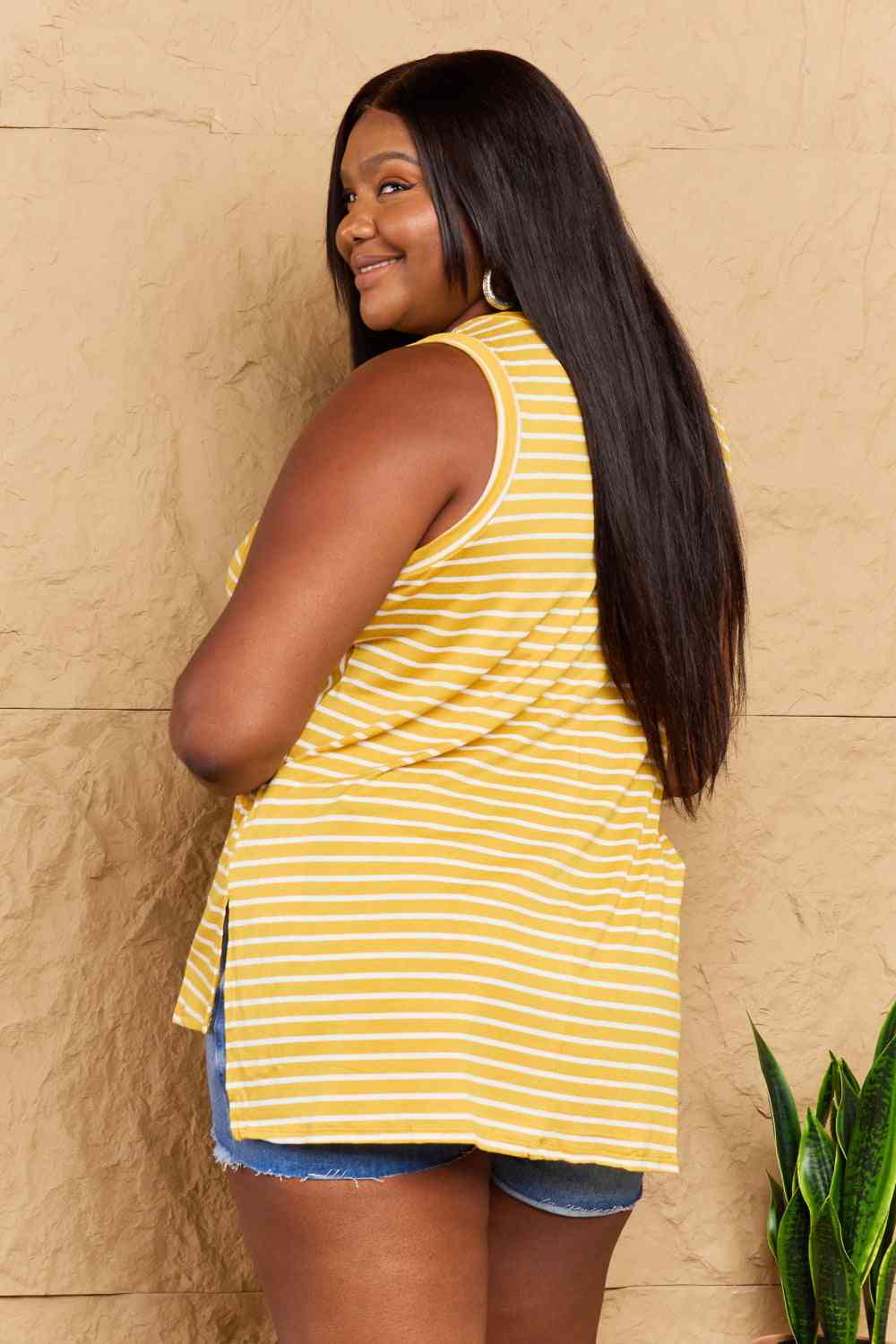 Doublju Talk To Me Striped Sleeveless V-Neck Top in Yellow Gold