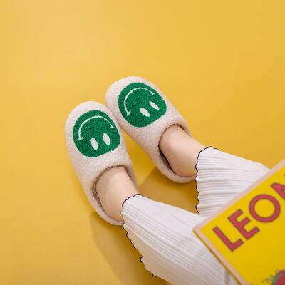 Melody A Perfect Day Smiley Face Cozy Slippers in White/Green