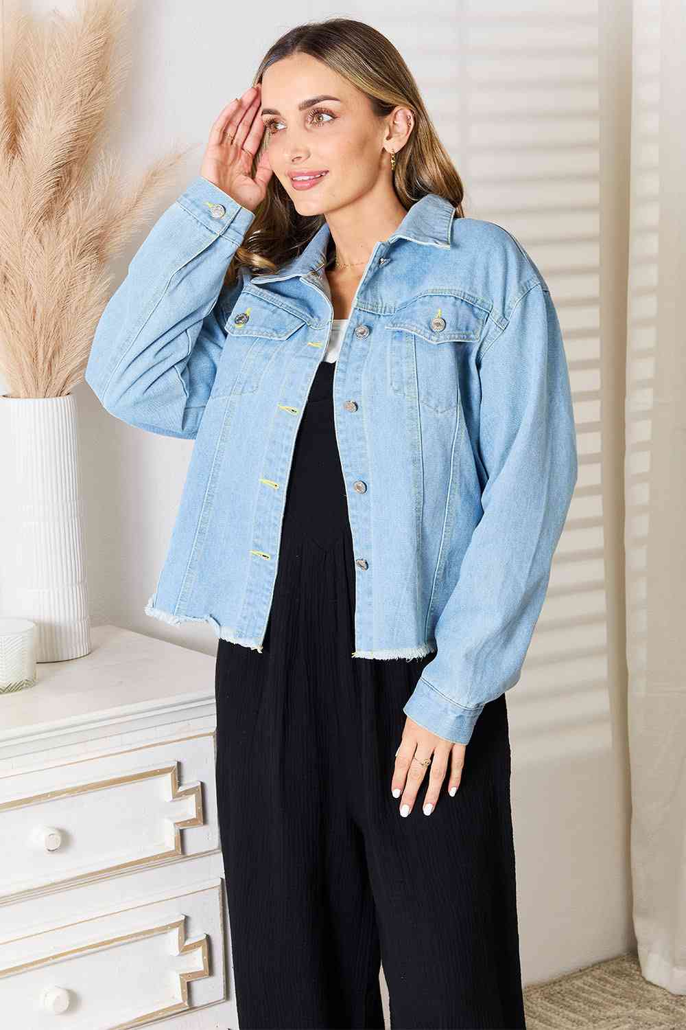 Double Take Hey Friend Raw Hem Denim Jacket