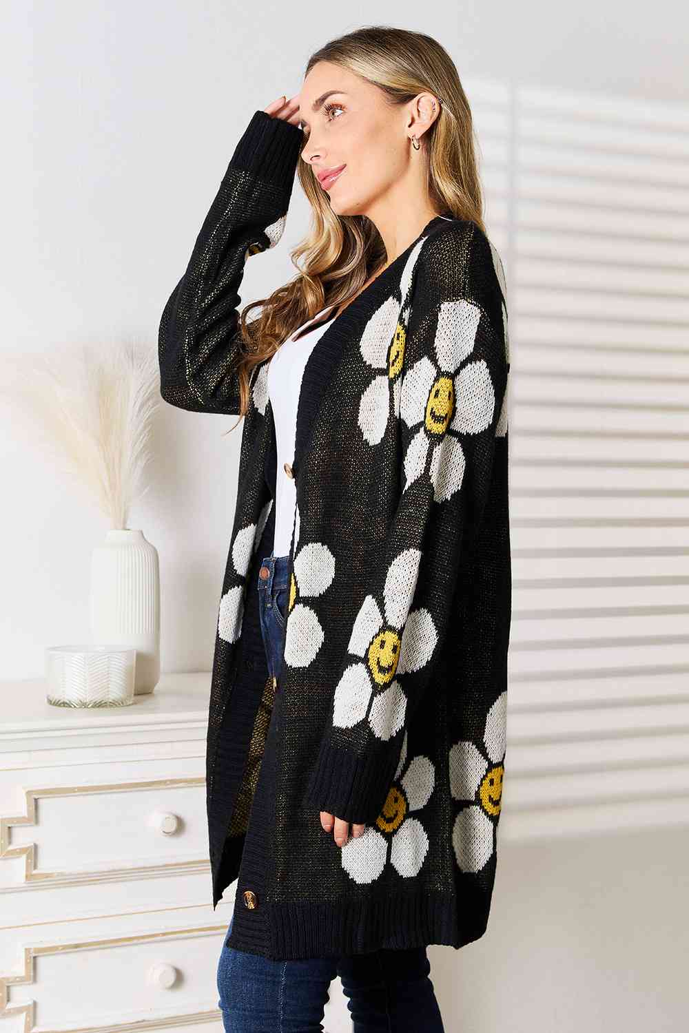 Double Take Sunshine Blossoms Floral Button Down Longline Cardigan