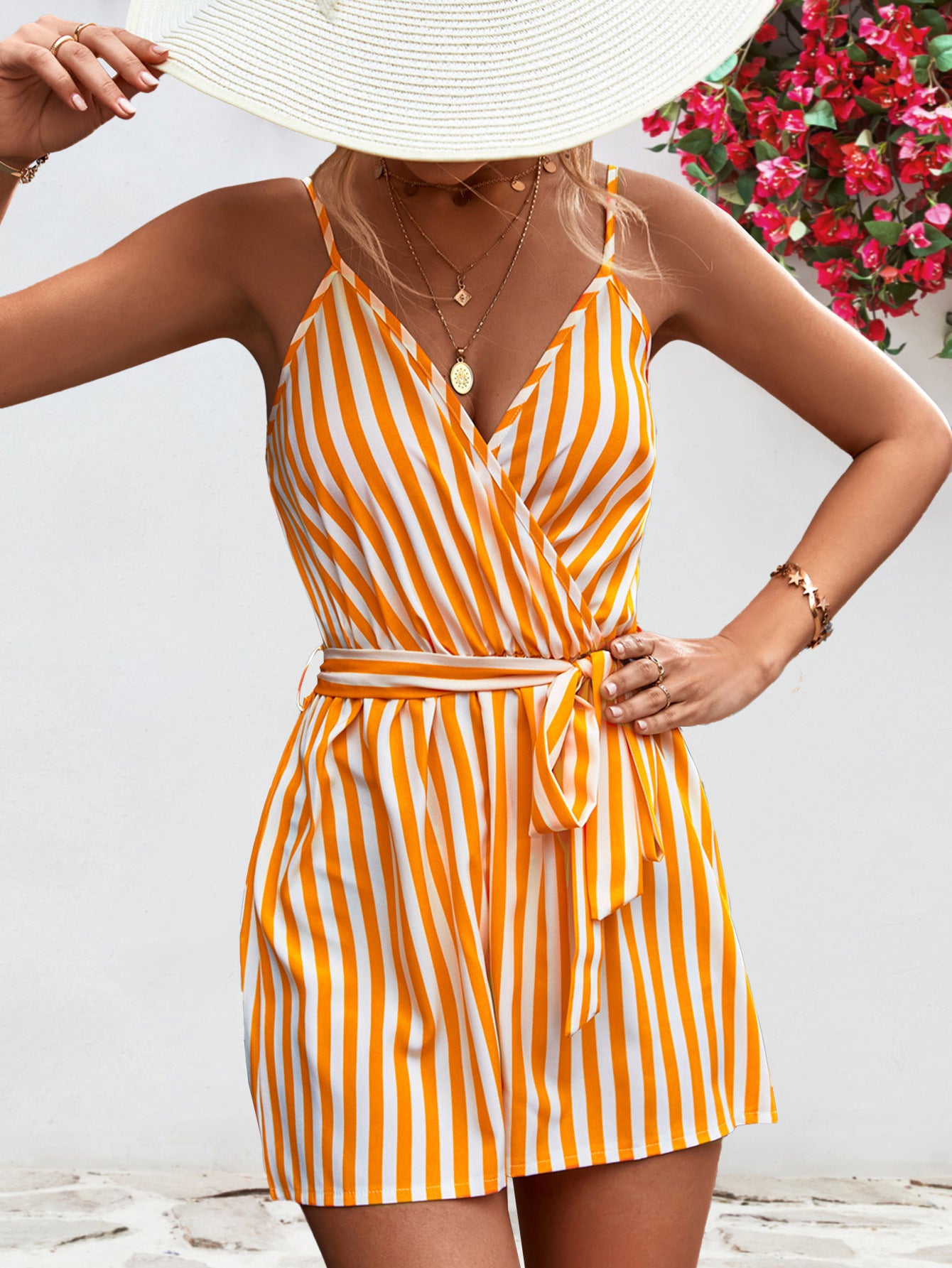 Waves of Color Striped Tie Waist Spaghetti Strap Romper