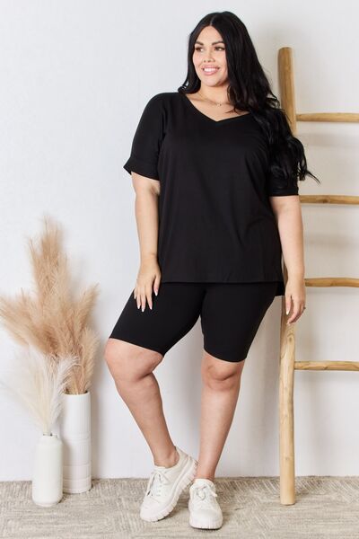 Zenana Hot Girl Vibes V-Neck Short Sleeve Slit T-Shirt and Shorts Set in Black