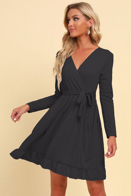 Warm Today, Cold Tomorrow Long Sleeve Tie Waist Ruffle Hem Dress