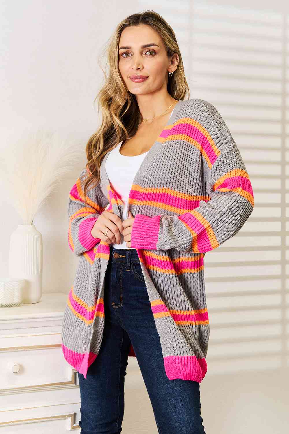 Woven Right Cozy Vibes Only Ribbed Long Sleeve Cardigan in Charcoal