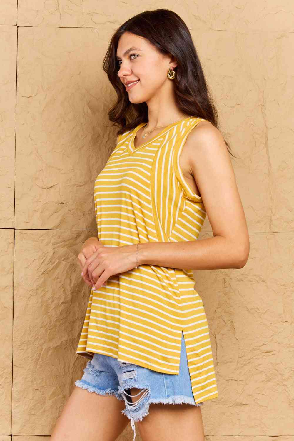 Doublju Talk To Me Striped Sleeveless V-Neck Top in Yellow Gold