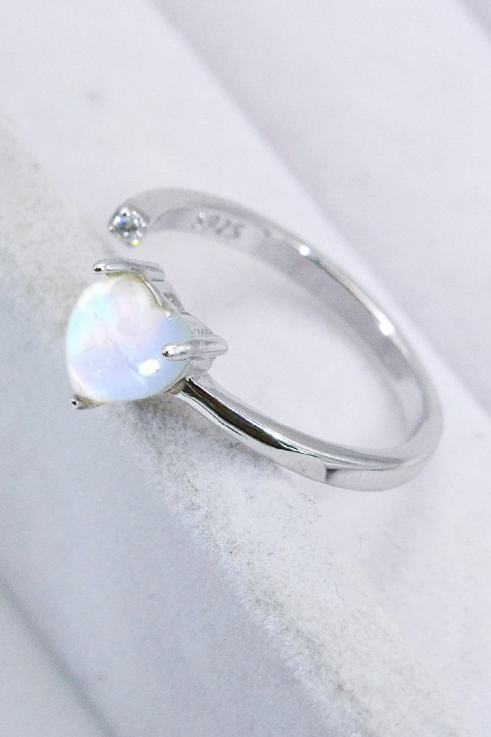 Filled With Love Inlaid Moonstone Heart Adjustable Open Ring