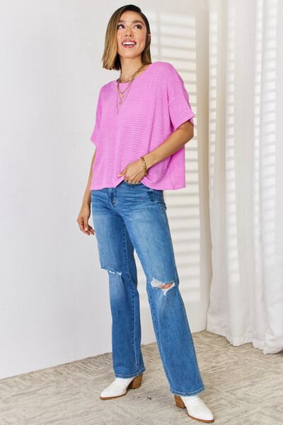 Zenana Happy Vibes Only Short Sleeve T-Shirt in Bright Mauve