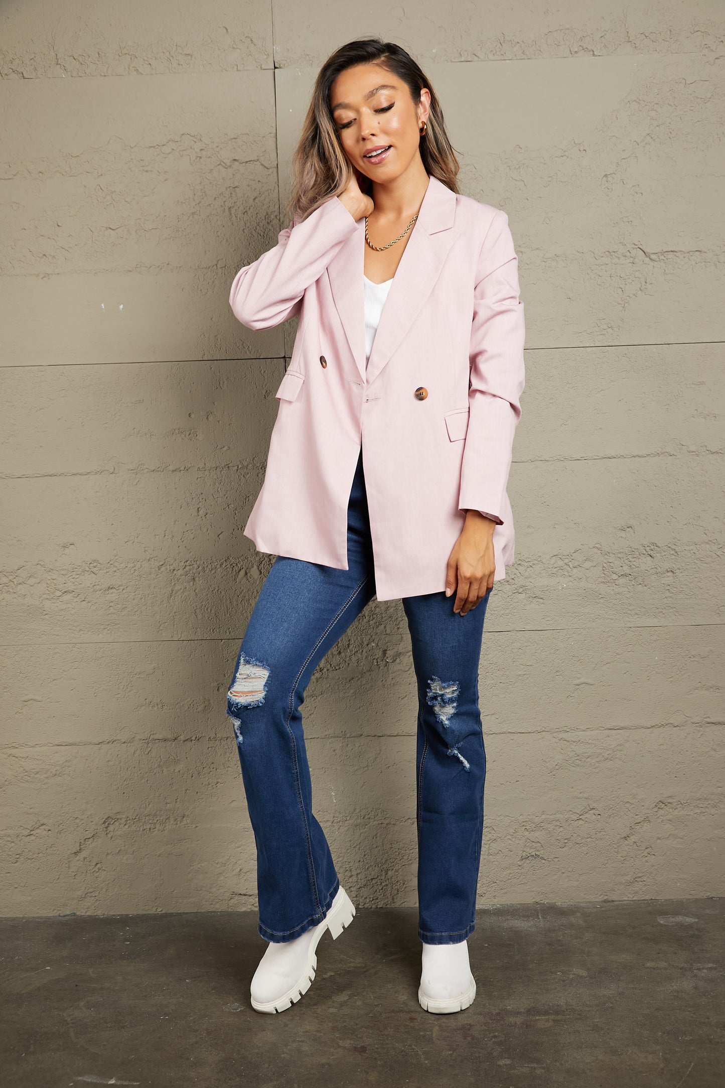 Double Take Boss Babe Double-Breasted Padded Shoulder Blazer with Pockets