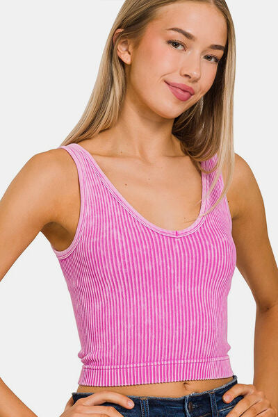 Zenana The Right Track Washed Ribbed Cropped Tank in Bright Mauve