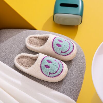 Melody A Perfect Day Smiley Face Cozy Slippers in White/Sky Blue