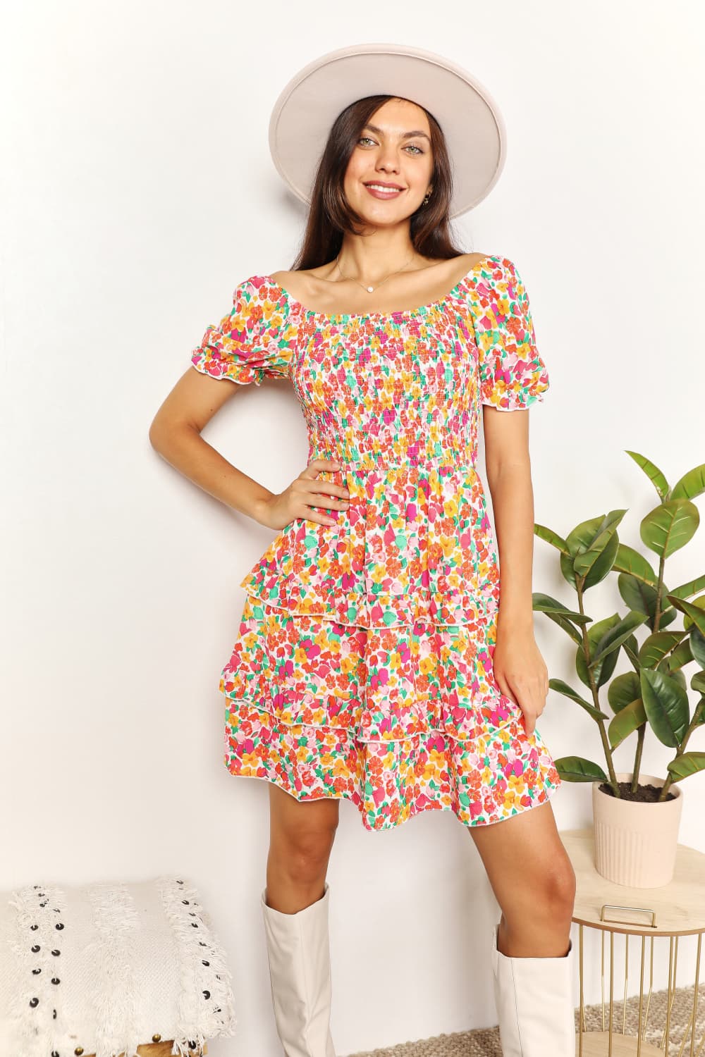 Double Take Playful Beauty Smocked Sweetheart Neck Flounce Sleeve Mini Dress