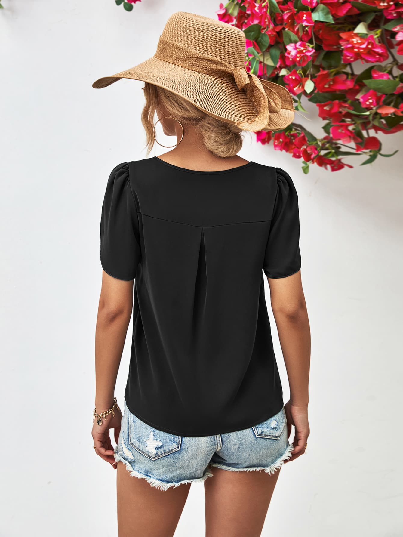 Meet Me Under The Shade Cutout Round Neck Petal Sleeve Blouse