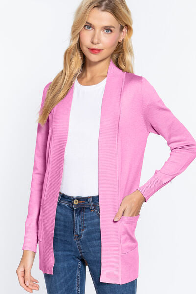 ACTIVE BASIC Along The Way Ribbed Trim Open Front Cardigan with Pockets